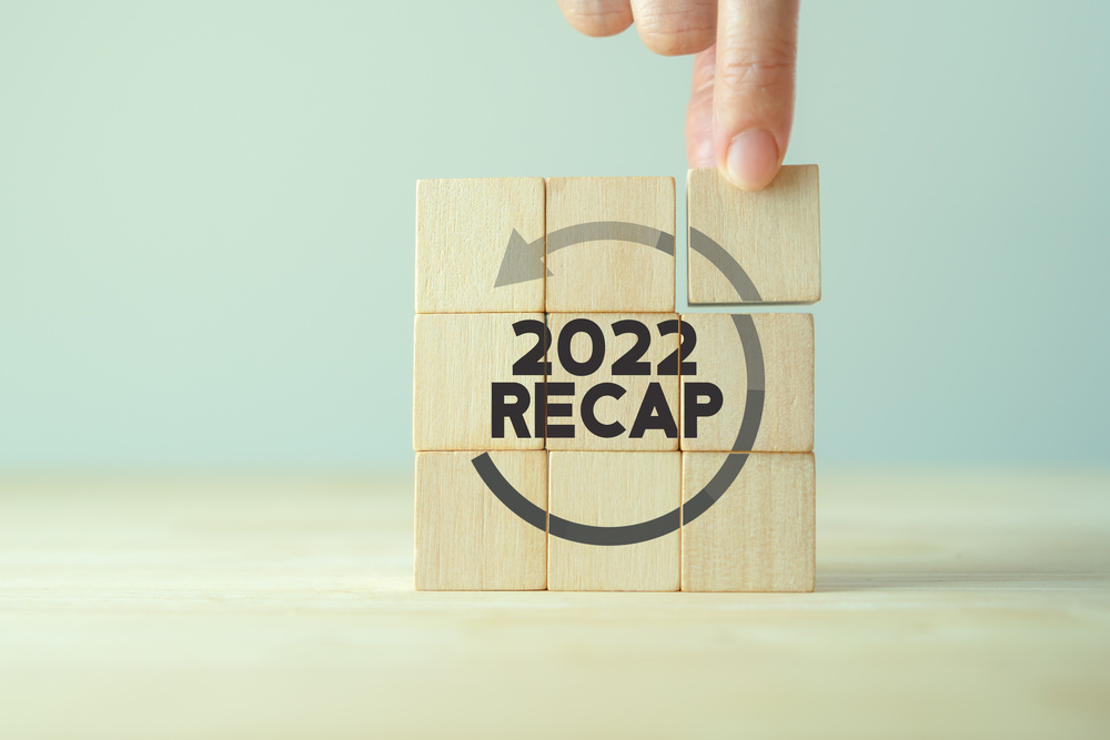2022 Recap economy, business, financial concept. For business planning. RECAP word icon on wooden cubes on smart grey background and copy space.