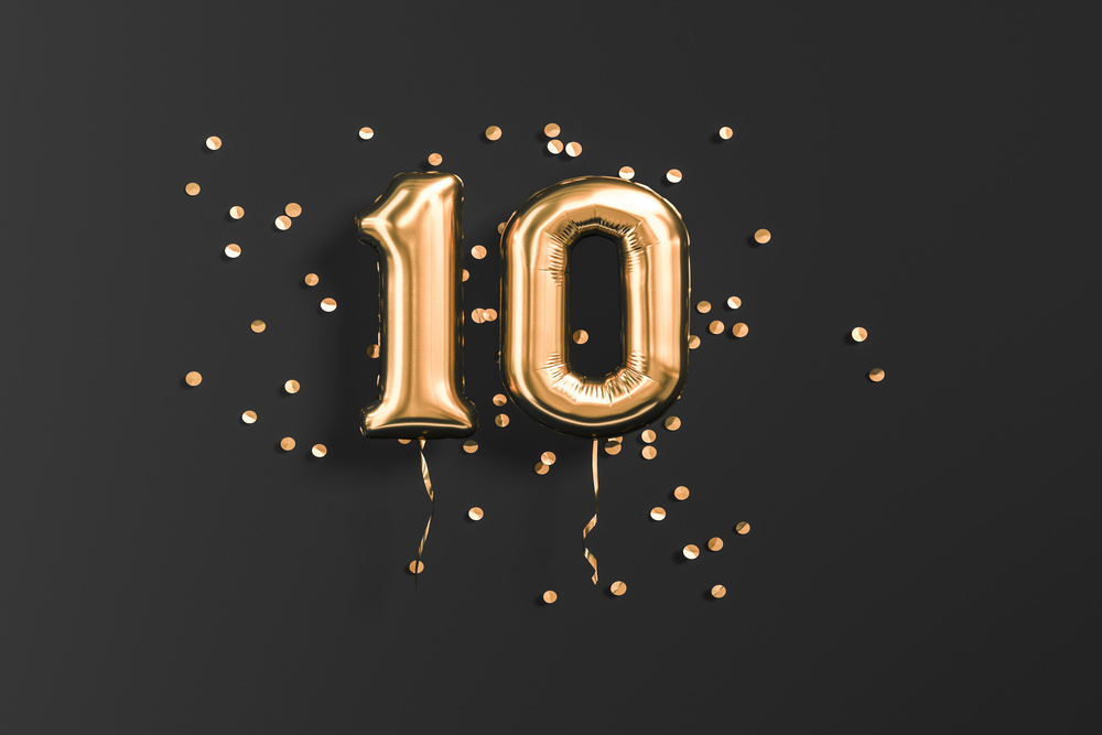10 years old. Gold balloons number 10th anniversary, happy birthday congratulations. 3d rendering.