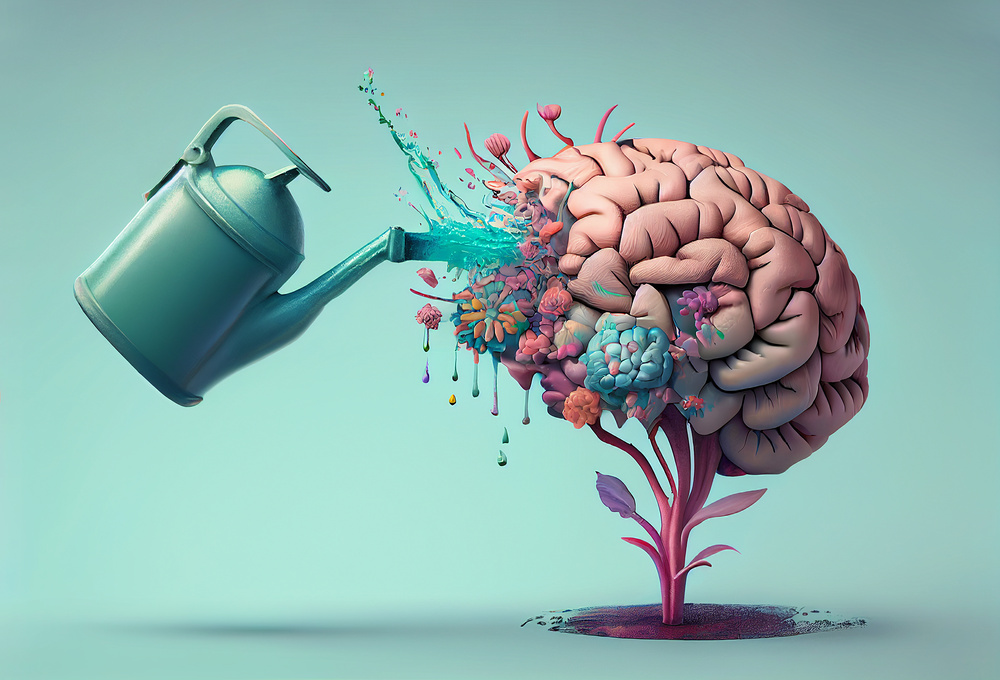 Human brain growing from a flower, watering can is pouring water