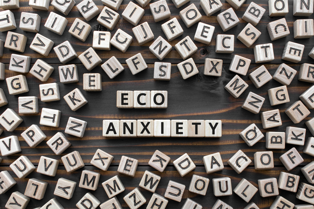 Eco-anxiety phrase from wooden blocks with letters, anxiety about ecological disasters natural environment pollution and climate change, eco anxiety concept, random letters around, top view wooden background
