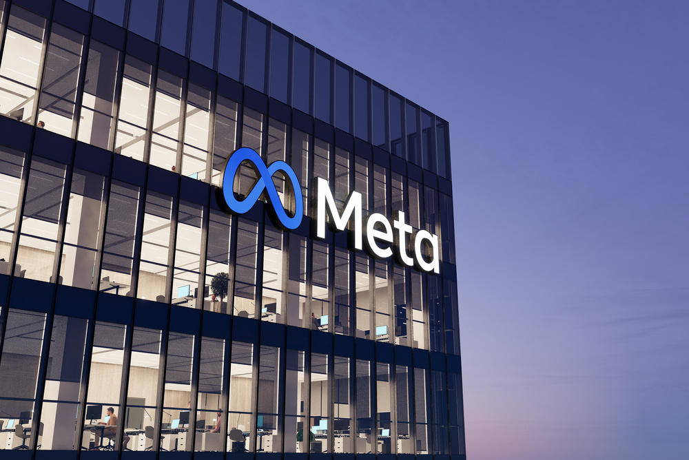 Menlo Park, California, USA. January 9, 2022. Editorial Use Only, 3D CGI. Meta Signage Logo on Top of Glass Building. Metaverse Workplace Technology Service Company High-rise Office Headquarters.