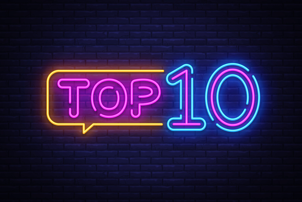 Top 10 Neon Text Vector. Top Ten neon sign, design template, modern trend design, night neon signboard, night bright advertising, light banner, light art. Vector illustration