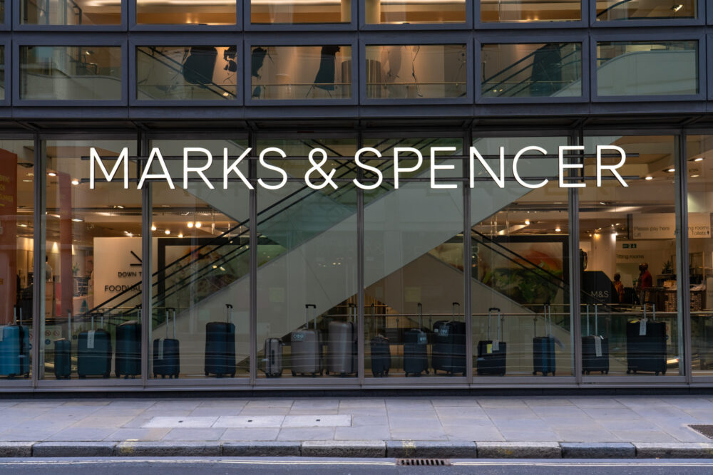 London,UK-August 2021: Marks and Spencer clothing store shop front on Fenchurch Street in central London