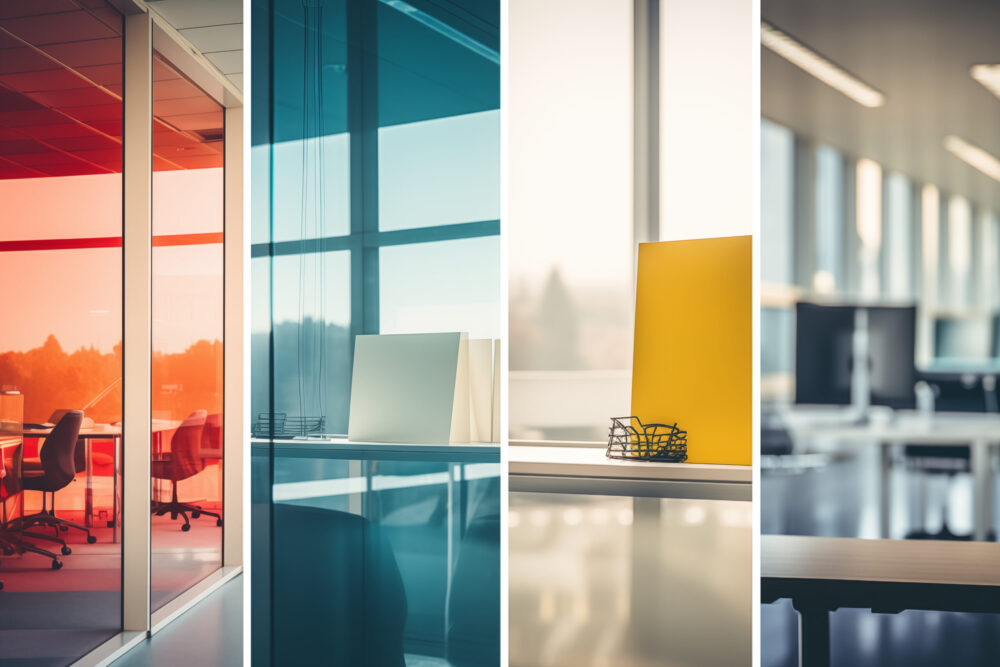 Close-ups of office spaces during different times of the day, capturing the dynamic environment, with copy space