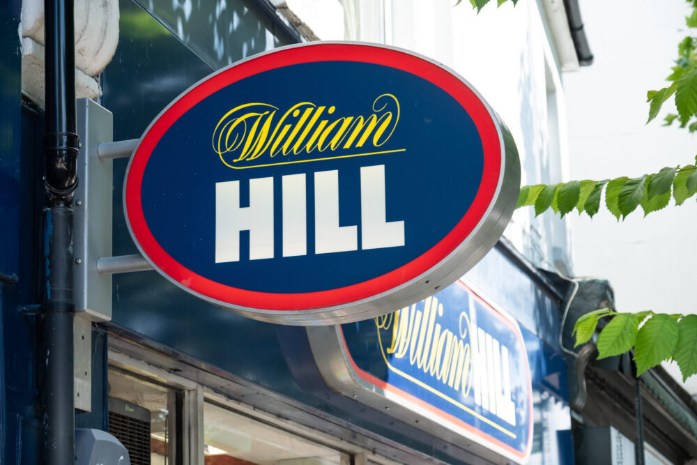 LONDON- JULY, 2019: William Hill exterior signage. A British high street and online bookmaker