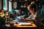 A resilient single mother juggles between work and parenting duties at home. Striving for balance, she multitasks with her laptop, representing the complexity of her priorities, Generative AI