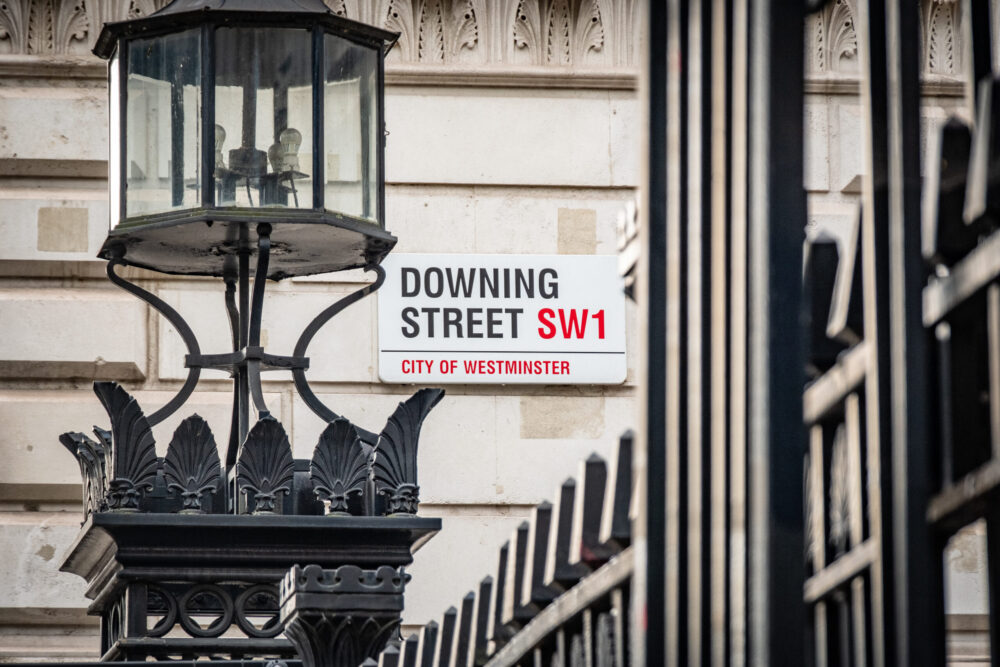 LONDON- SEPTEMBER, 18, 2023: Downing Street sign, location of 10 Downing Street, official residence and office for the Prime Minister of the UK