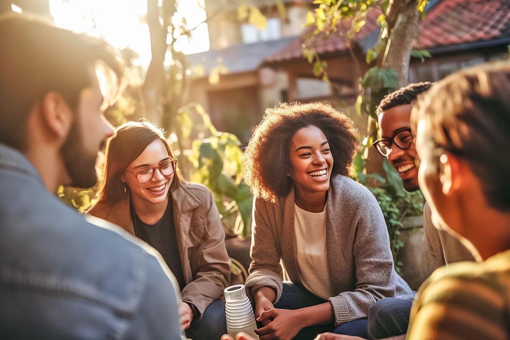 Group of young laughing people sitting outdoors. Concept of mental health, psychological safety. Generative AI