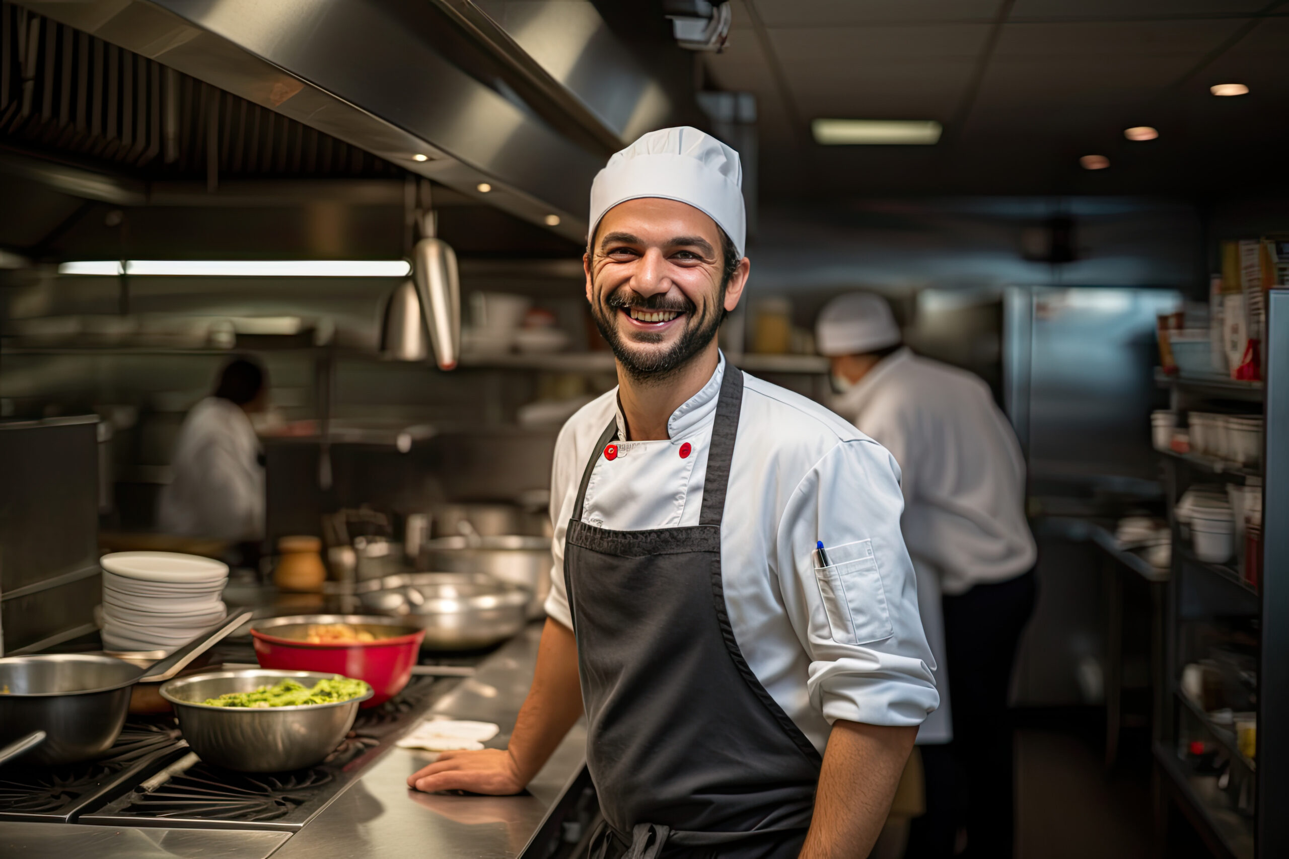 A professional chef, frontline staff, restaurant servers, coffee baristas, food preparer, smiling, commercial restaurant kitchen.  Concept of teamwork, collaboration, working together to cook