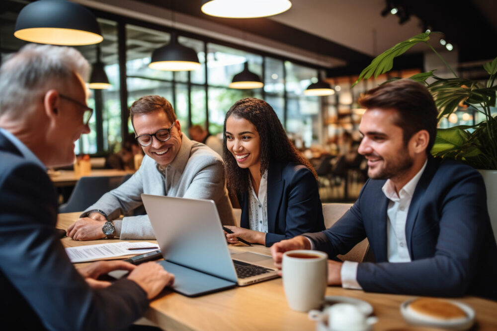 A multigenerational business team in a collaborative workspace, using digital devices and technology to enhance productivity Generative AI