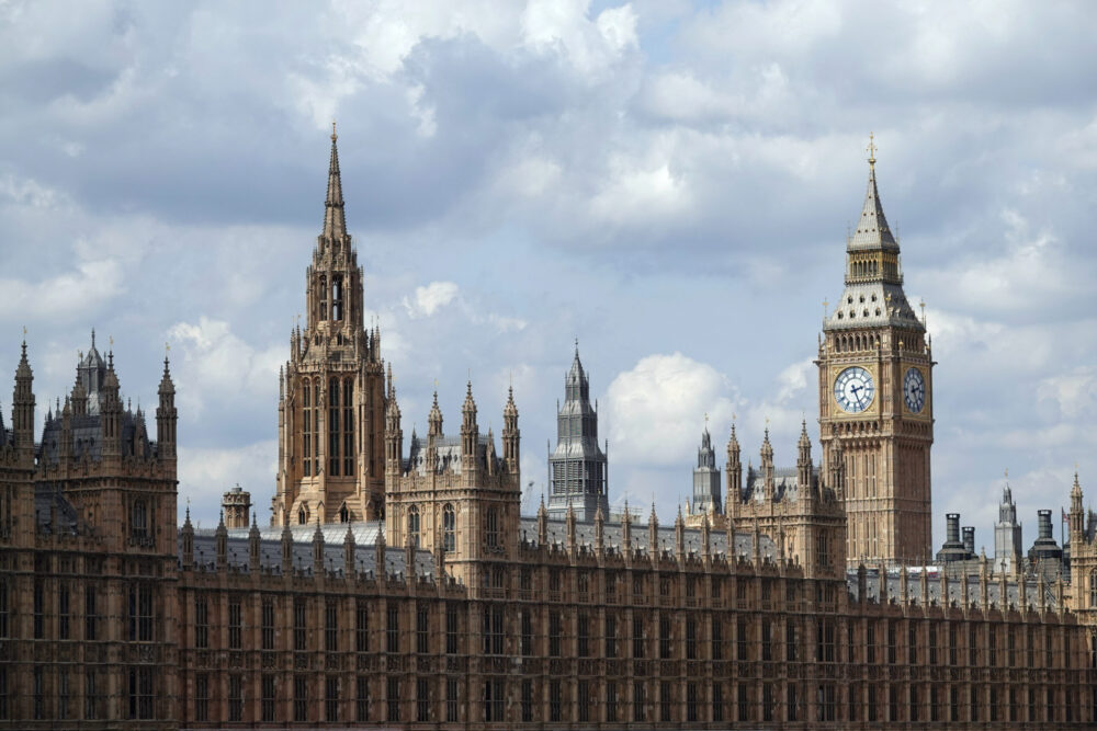 A closeup of the Palace of Westminster, also known as the Houses of Parliament, in central London, UK.