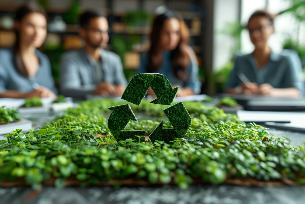 The team plans and discusses reuse policies in the office conference room. A green business company with an environmentally friendly waste management concept.