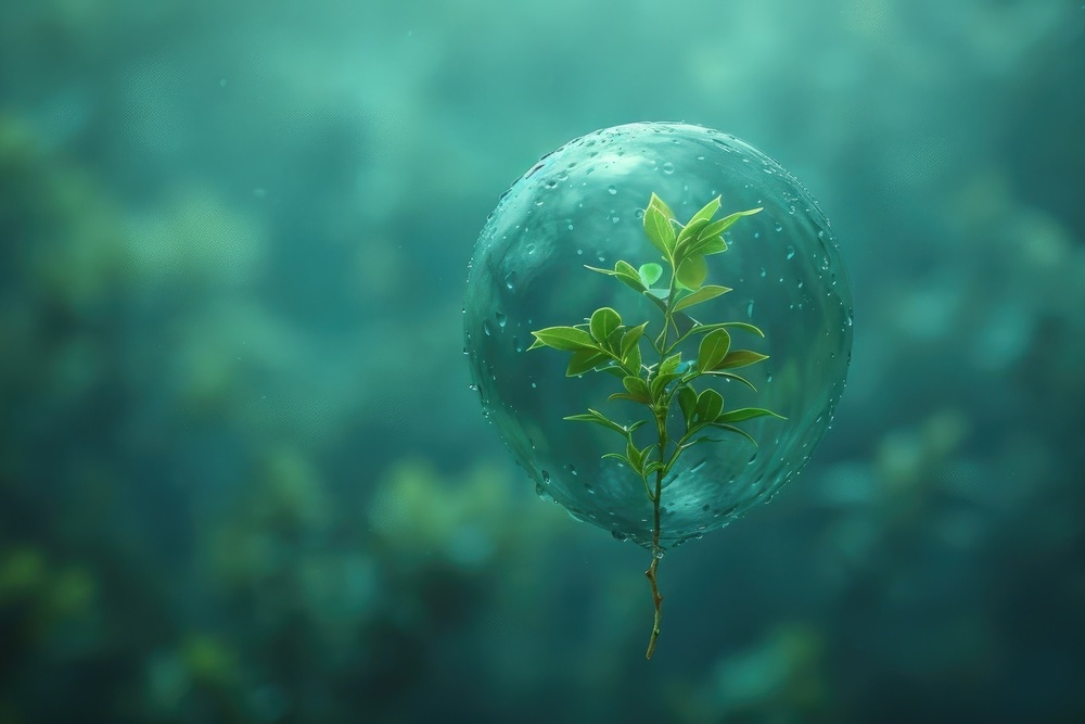 A Green Vision Aloft% A Minimalist Balloon Encasing a Sapling, Soaring Against a Cerulean Backdrop