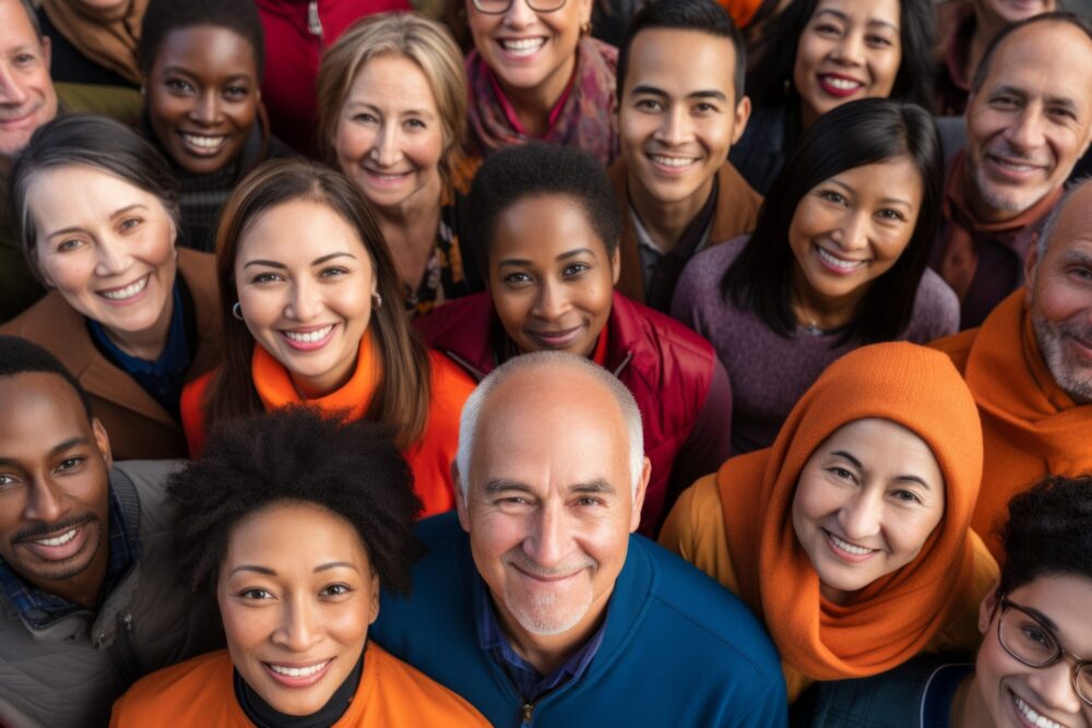 A group of diverse people from different ethnicities and backgrounds smiling and looking up at the camera