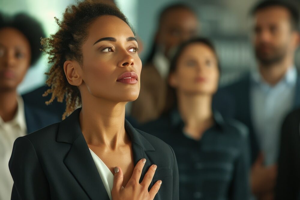 Confident businesswoman taking an oath with her hand on her heart, surrounded by a group of diverse professionals