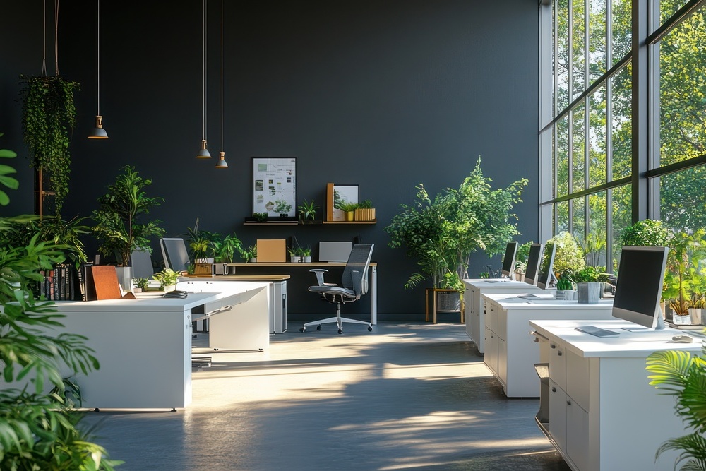 Modern office interior with large windows, plants, and natural light.