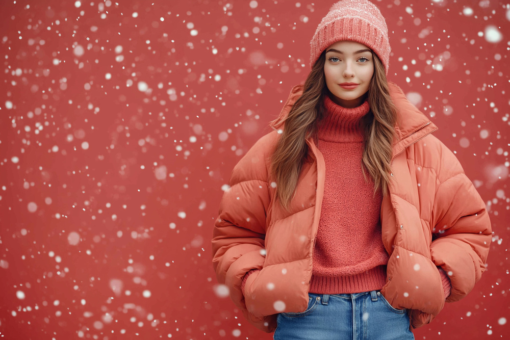 Woman wearing fitted blue jeans and a stylish winter puffer jacket, topped with a trendy beanie hat, vibrant winter background with soft falling snowflakes