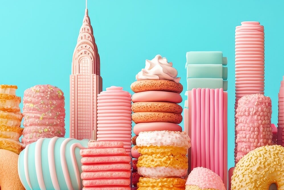 A city skyline made from giant sugary snacks, representing how urban environments contribute to rising obesity rates, [obesity], [urban impact on health]