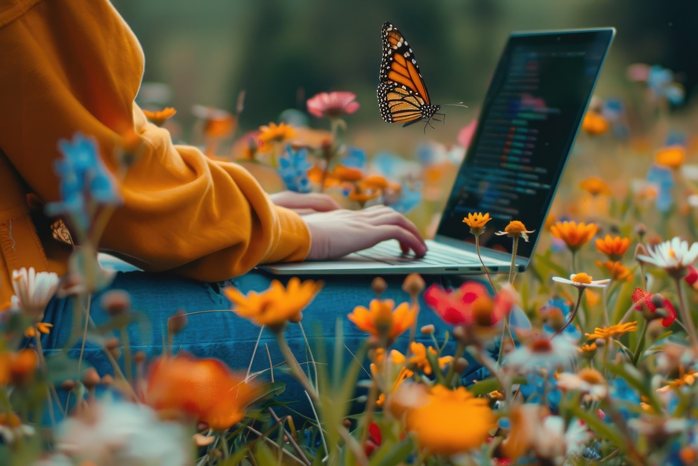 Person working on laptop surrounded by flowers with butterfly, Tech in nature, Work environment