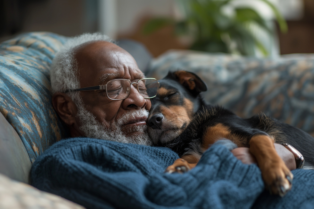 Senior african american man sleeping peacefully embracing his dog on a couch