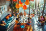 Group of diverse people in a office with windows and hanging lantern. AIG53F.