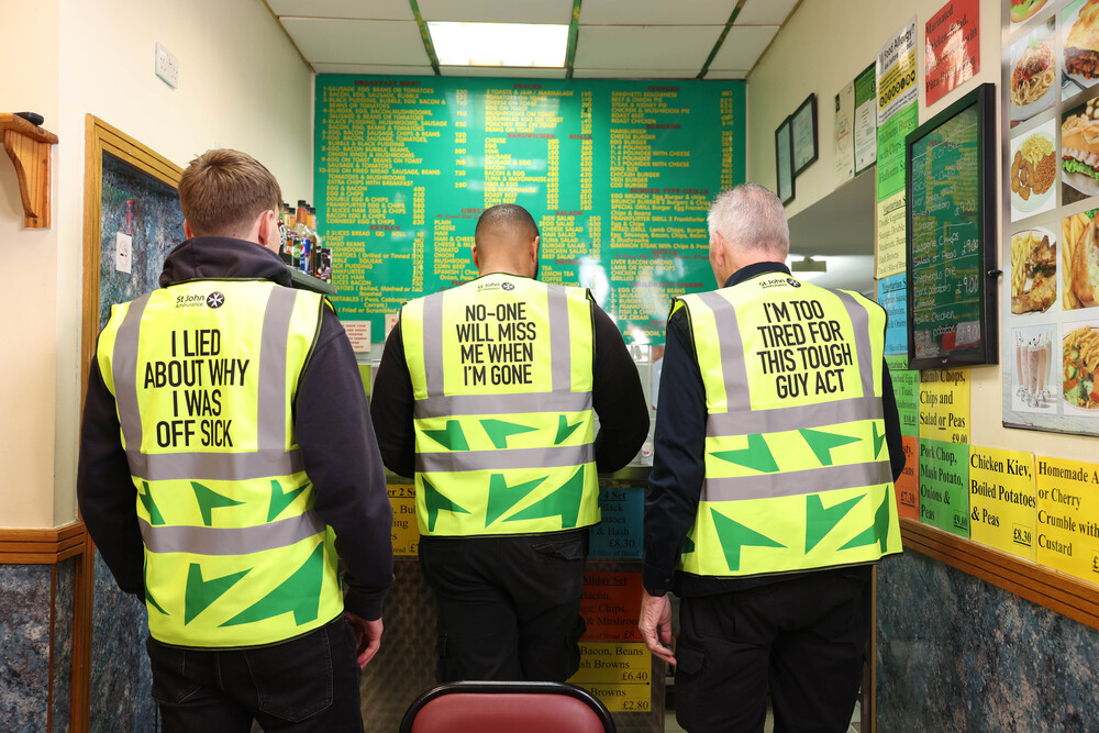 EMBARGOED TO 0001 FRIDAY MARCH 28
EDITORIAL USE ONLY
Television presenter and construction worker, Tommy Walsh (right), with social media influencer, Ben Wade, also known as Ben the Operator (left) and managing director of Ashville Group, Daniel Ashville Louisy (centre) support St John Ambulance's Hi Vis Stress Vest campaign, which is being launched to encourage better conversations around mental health in the construction industry. Issue date: Friday March 28, 2025. PA Photo. The campaign launches to coincide with Stress Awareness Month in April, following research that reveals that a third of construction workers are currently struggling, overwhelmed or suicidal. Photo credit should read: Matt Alexander/PA Media Assignment.