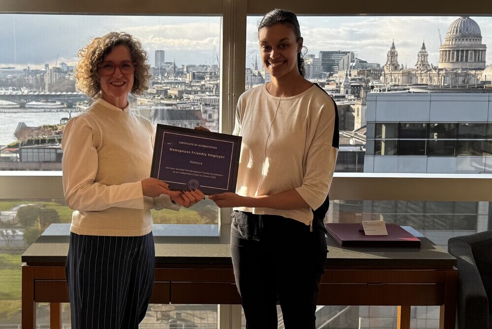 Kirsty McClean (right) from Normura receiving Menopause Friendly Accreditation from Sharon Vibert of Henpicked Menopause in the Workplace (1) (1)