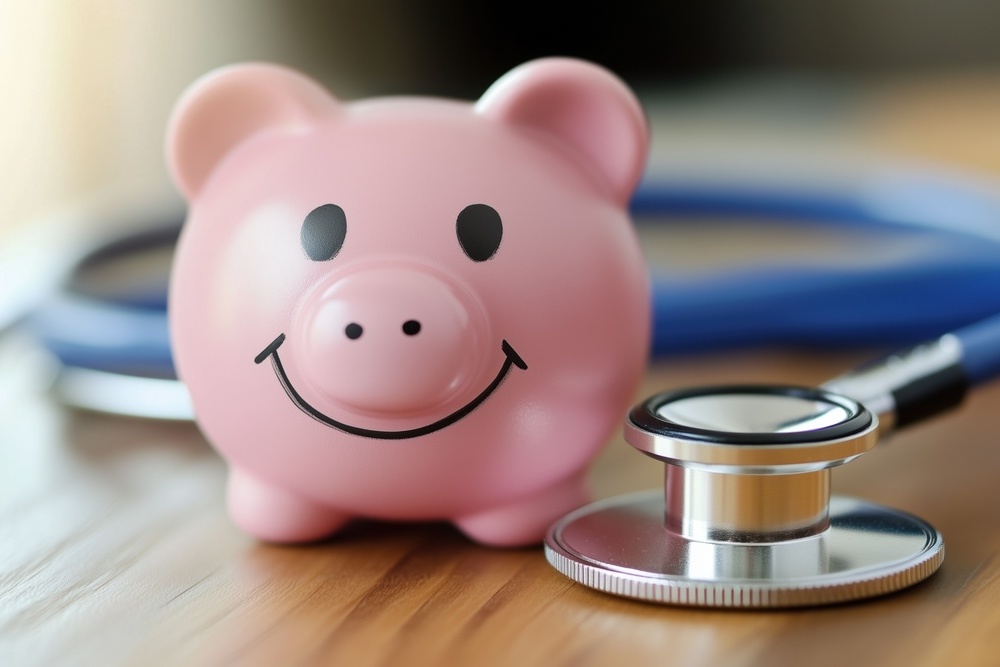 Piggy bank with stethoscope: financial health and savings concept