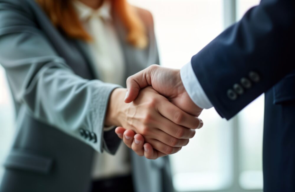 Business people shaking hands, in office. Partners trust and cooperation. Future commercial goals. Successful deal and agreement. Pro and corporate environment. Formal meeting or negotiation.