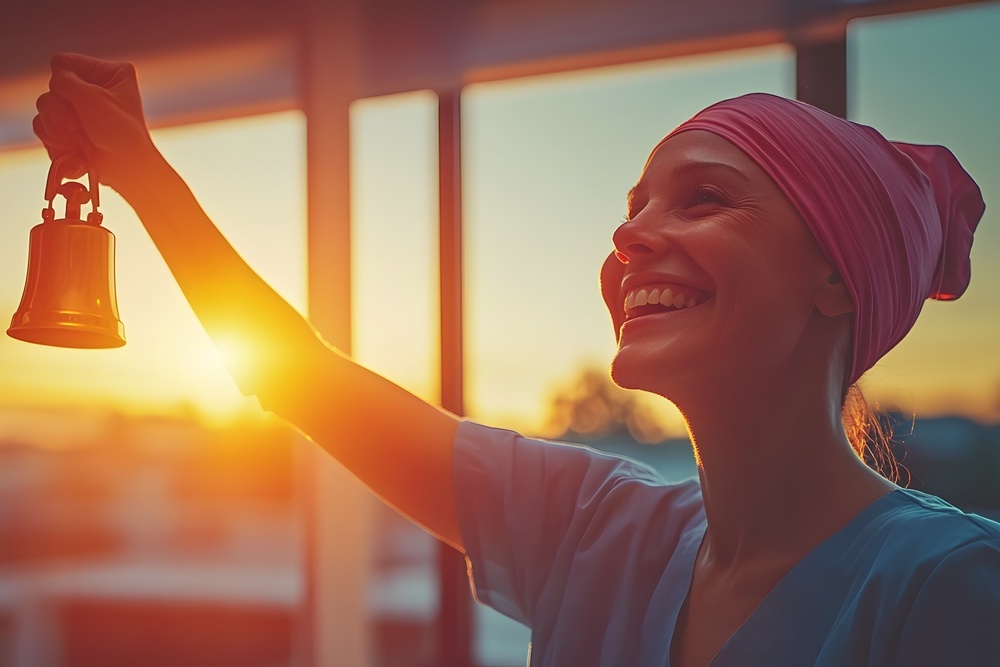 Woman Rings Bell to Celebrate End of Chemotherapy with Joyful Expressions and Bright Lighting