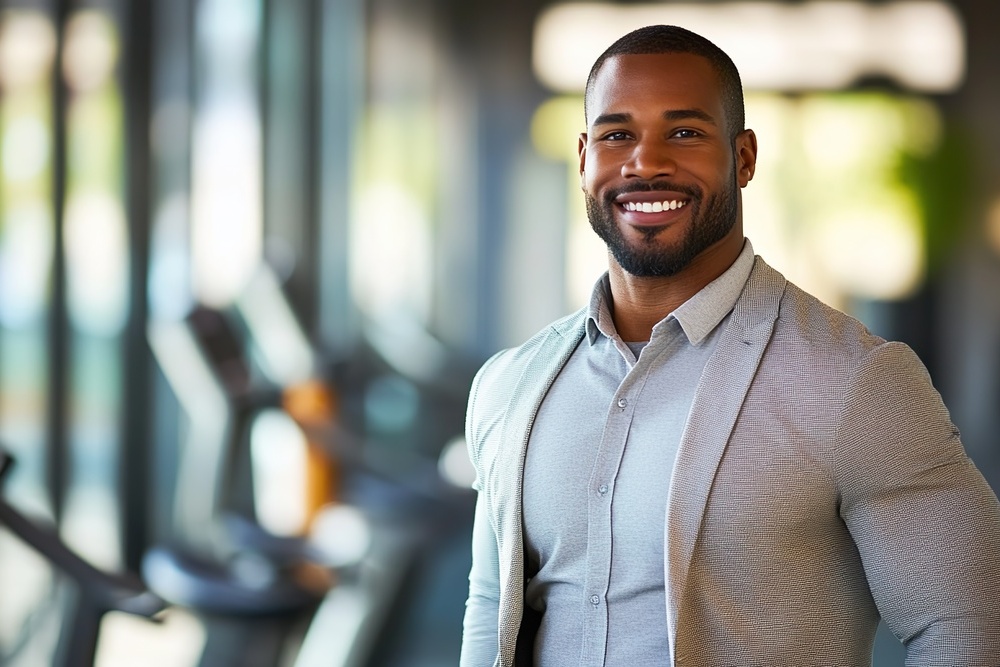 Confident male coach looking at camera while smiling in dynamic training environment