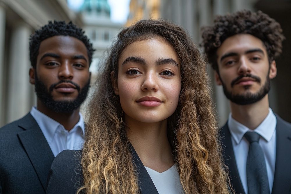 group of young attorneys in elegant business suits standing proudly in front of a historic courthouse symbolizing diversity legal expertise and teamwork in the corporate law industry