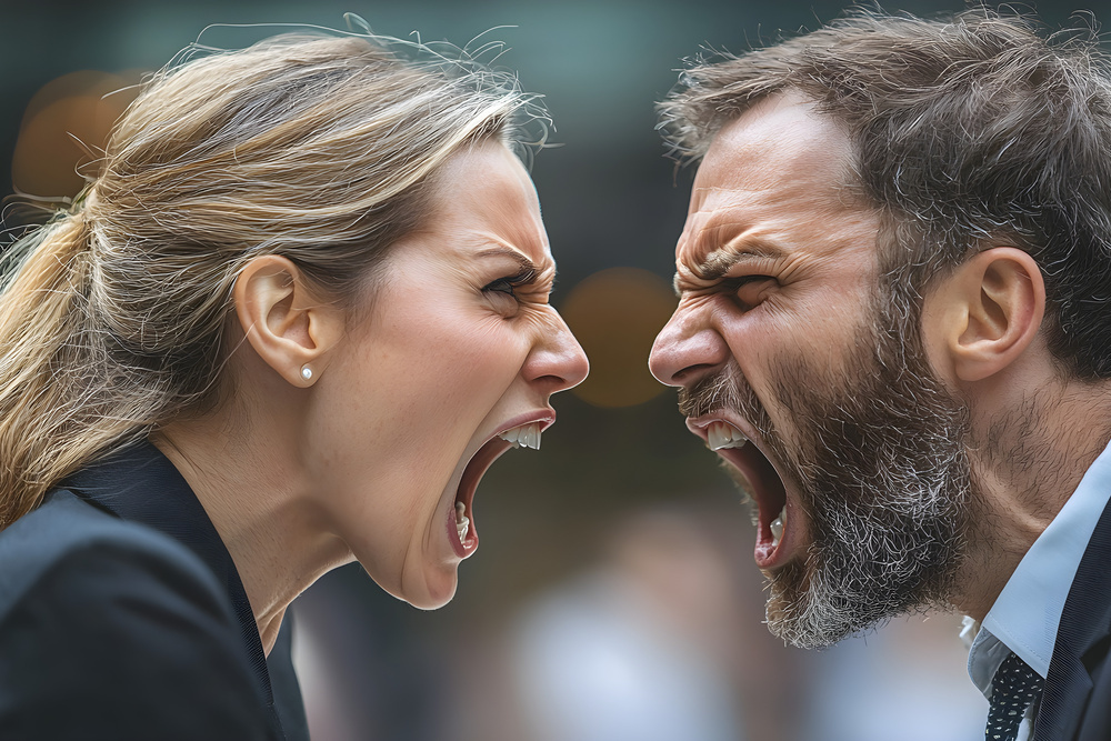 Intense argument between two business professionals outdoors