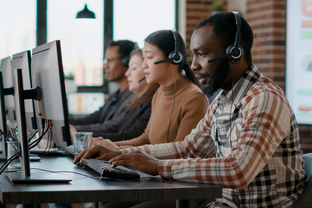 African american man working at call center office