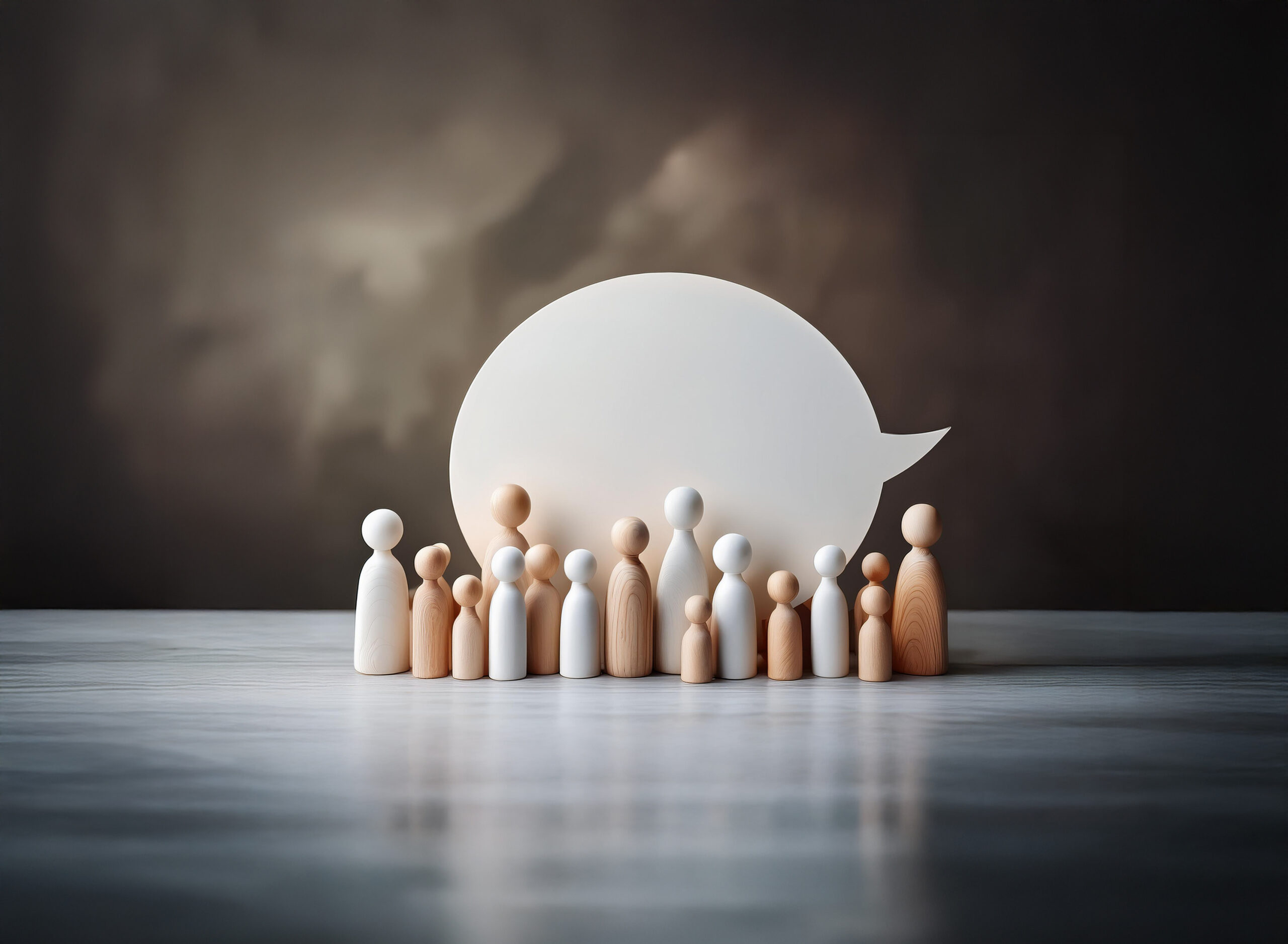 Wooden figures stand before a large speech bubble against a smoky backdrop, symbolizing collective voice and communication.
