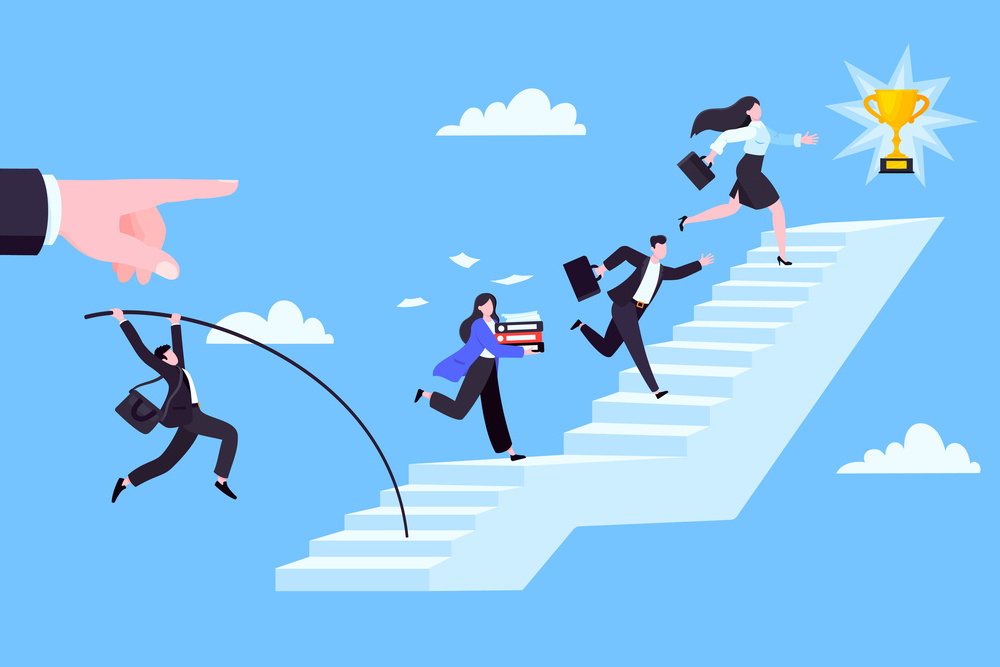 Success career ladder steps path challenge with business goal achievement trophy objective on the top of it business concept flat vector illustration. Office person running onto success career steps.