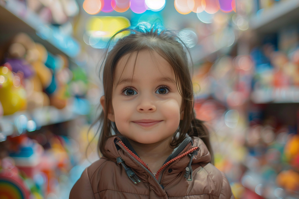 Generative AI image of a cheerful child enjoying a visit to a colorful toy store