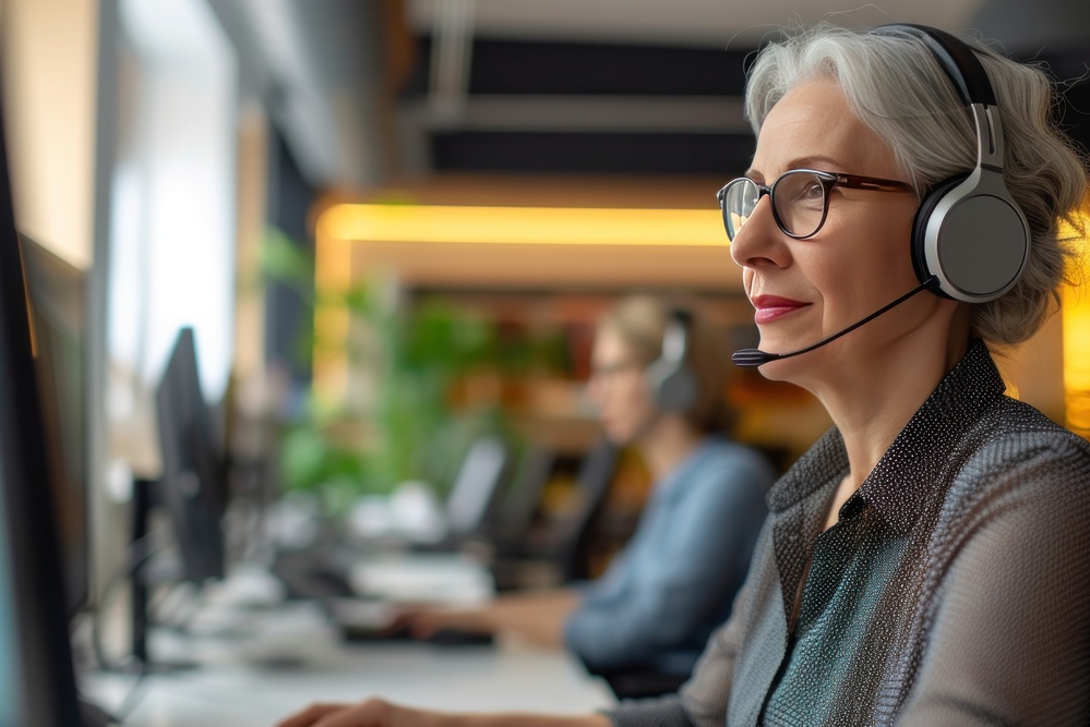 Middle aged mature woman in headphones working from call centre as customer support operator.