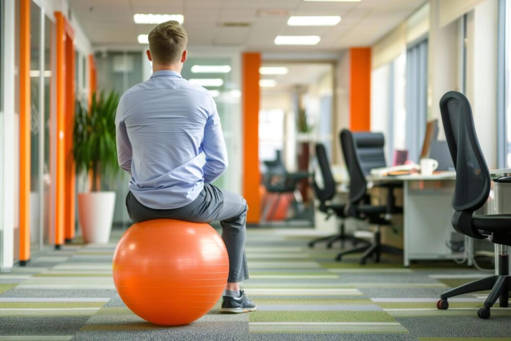 Fit woman exercising with yoga ball at office gym