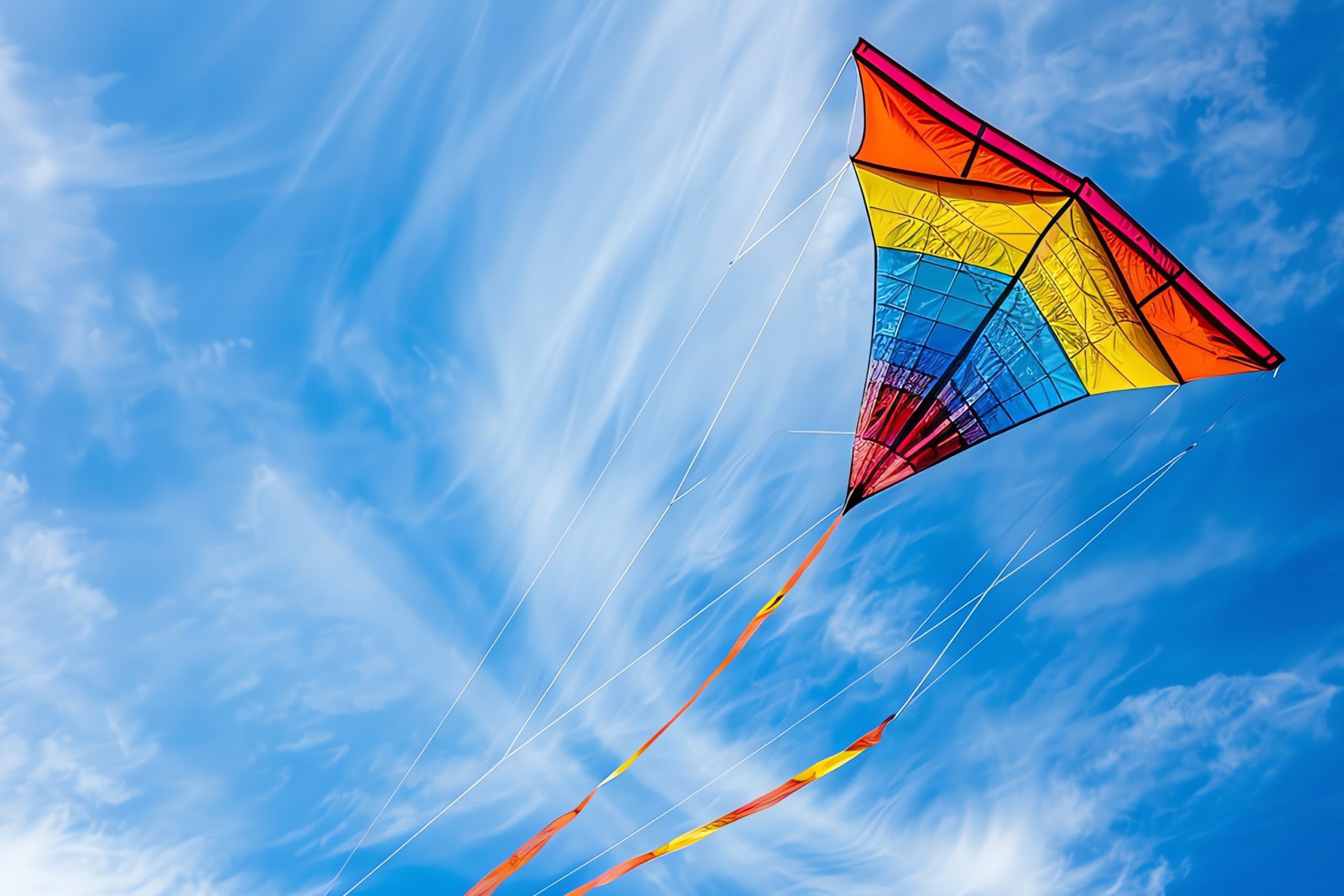A colorful kite is flying high in the blue sky. The kite is red, yellow, blue, and green. The sky is clear with a few white clouds.
