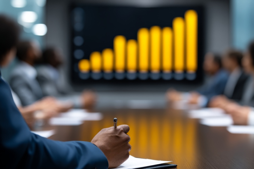 CEO Presenting Business Strategy and Revenue Growth Plan to Investors in Corporate Meeting with Financial Analysis and Sales Projections on Projector Screen