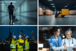 Four different images of night shift workers collaborating in a workplace environment, representing health, wellbeing and productivity at night