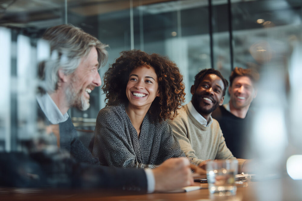 Diverse business team engaged in lively discussion and smiling during a meeting in a modern office setting
