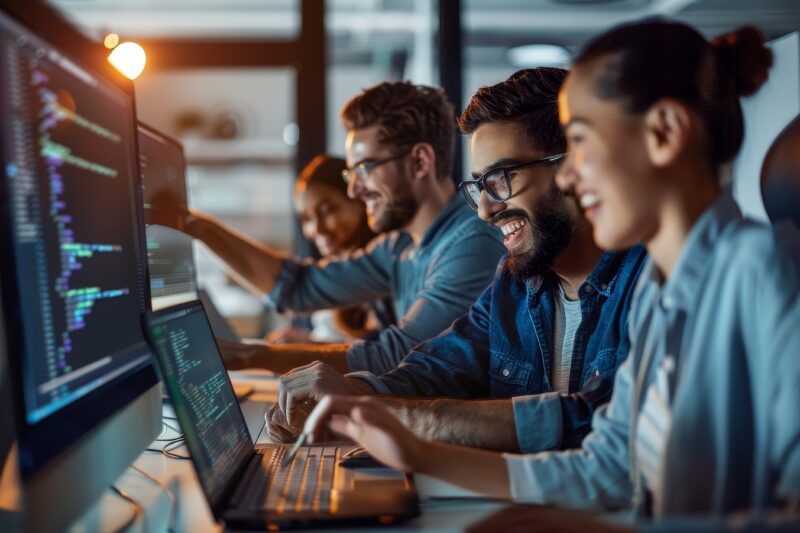 Employees collaborating at work while using AI tools, highlighting the importance of wellbeing, trust and culture in AI adoption