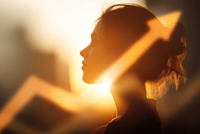 Woman standing with glowing sun behind her and upward arrow overlay, symbolising growing confidence, empowerment and career success