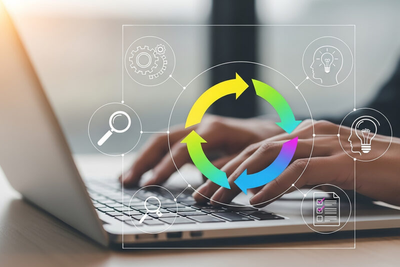 Illustration representing a circular way of working, with employees moving through cycles of work, rest, recovery and learning to prevent burnout and support sustainable performance.