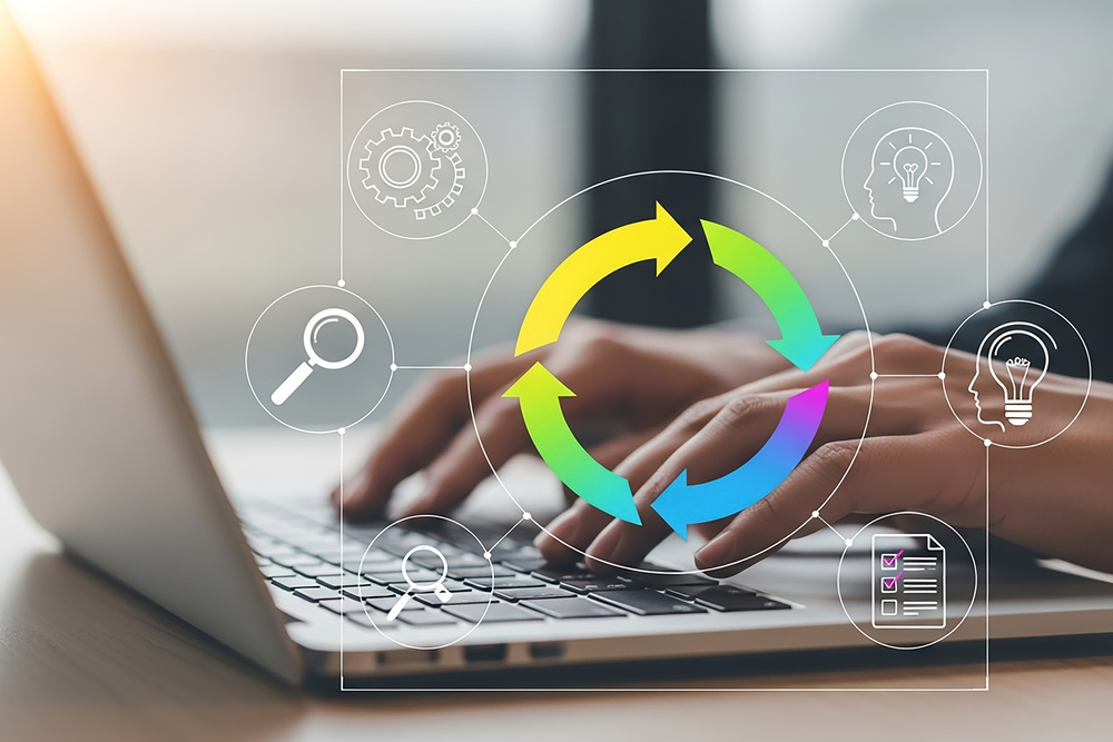 Illustration representing a circular way of working, with employees moving through cycles of work, rest, recovery and learning to prevent burnout and support sustainable performance.