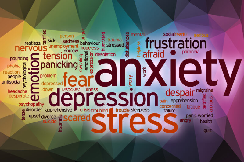 Word cloud highlighting stress, anxiety and depression alongside related mental health terms to illustrate how interconnected workplace mental health challenges can be.