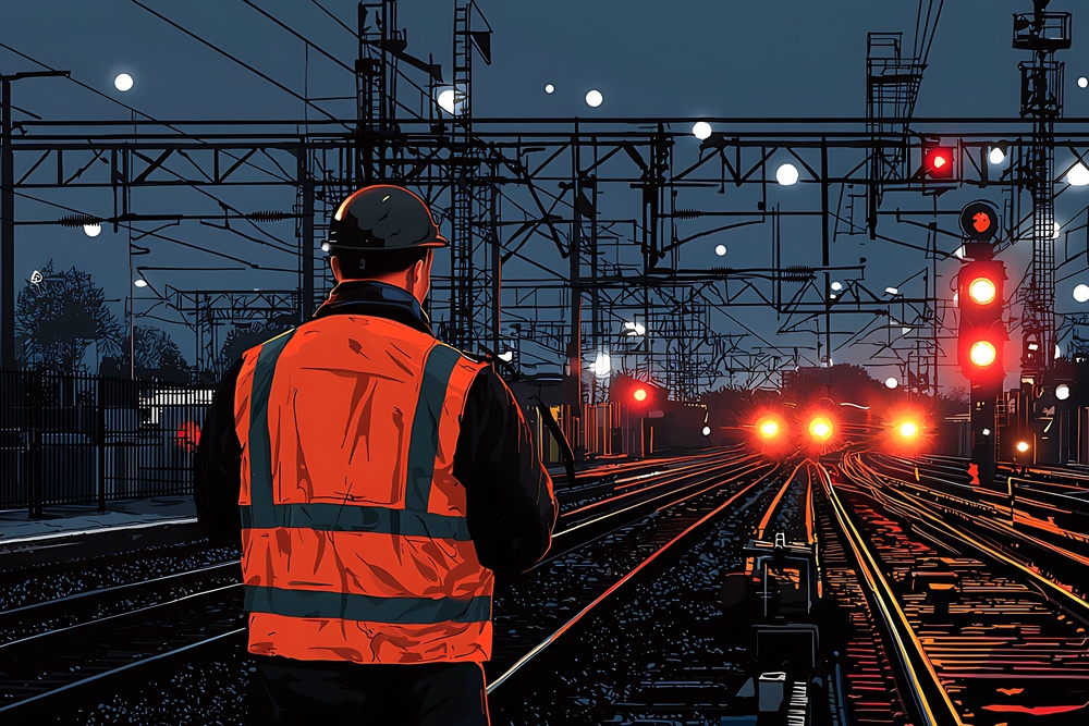 Railway worker on a night shift standing beside red signal lights, highlighting the safety risks of fatigue and the importance of alertness for night workers.
