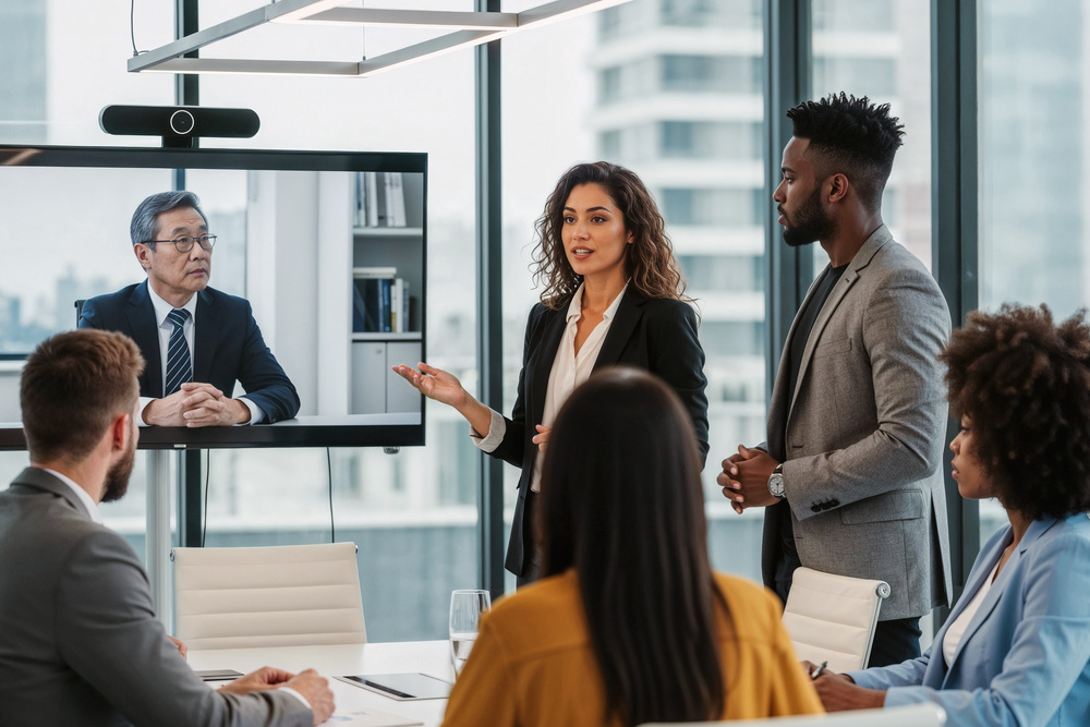 Diverse team collaborating in a modern workplace, representing inclusive leadership and hybrid working